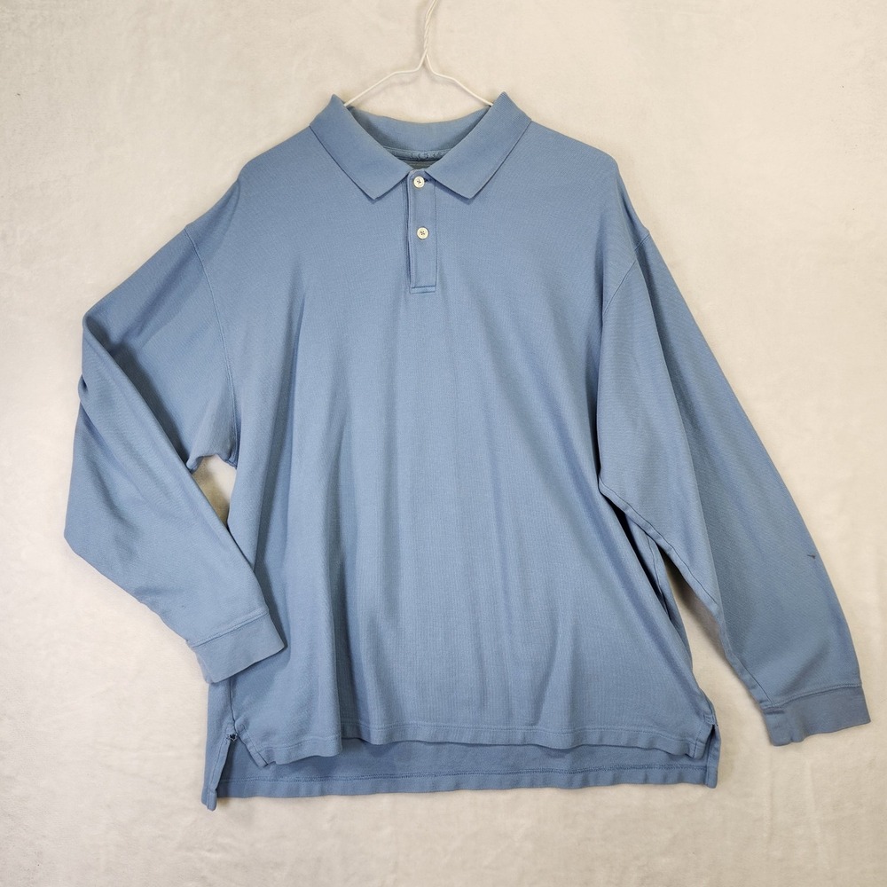 LL Bean Mens Long Sleeve Pique Polo Shirt Light‎ Blue 100% Cotton Large